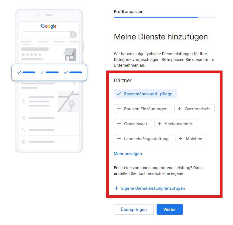 Dienstleistungen für den Google My Business-Eintrag festlegen