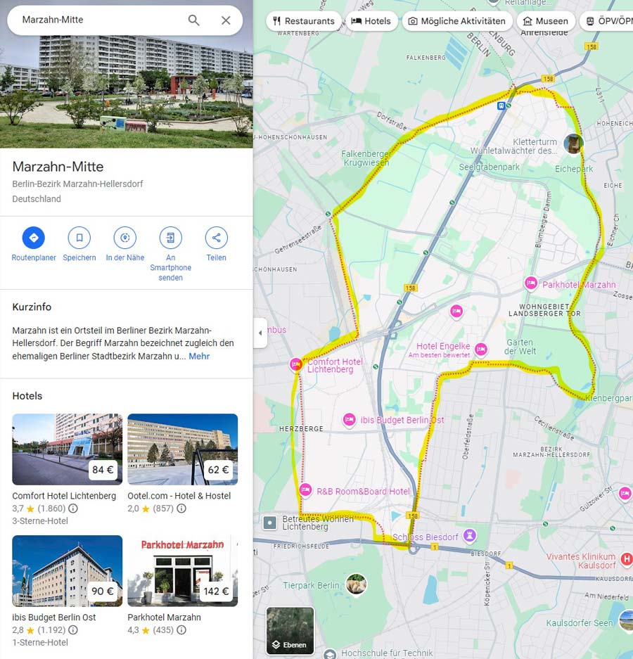 Gebiet auf Google-Maps mit gestrichelter roter Linie - Gebietsradius