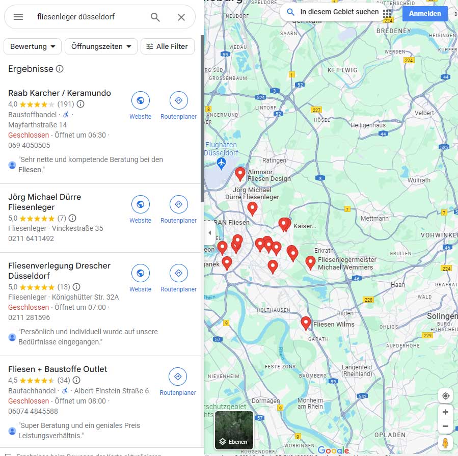 Google-Unternehmensprofile auf Google Maps von verschiedenen Handwerksunternehmen