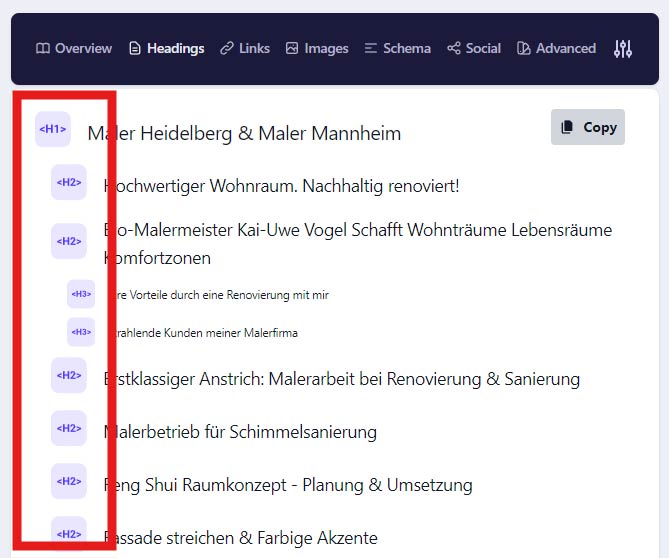 Heading Tags auf einer Handwerker Website - H1 H2 H3