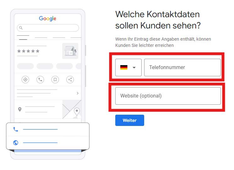 Kontaktdaten konfigurieren - Telefonnummer und URL der eigenen Website hinterlegen