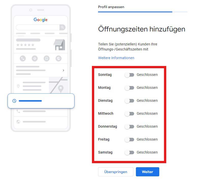 Öffnungszeiten bei der Erstellung des Unternehmensprofils eintragen