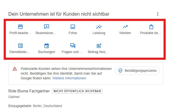 Schaltflächen zum konfigurieren von Google Unternehmensprofile