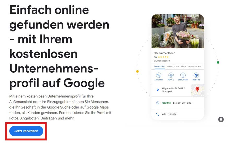 Startseite von Google zum Anmelden des Unternehmensprofils