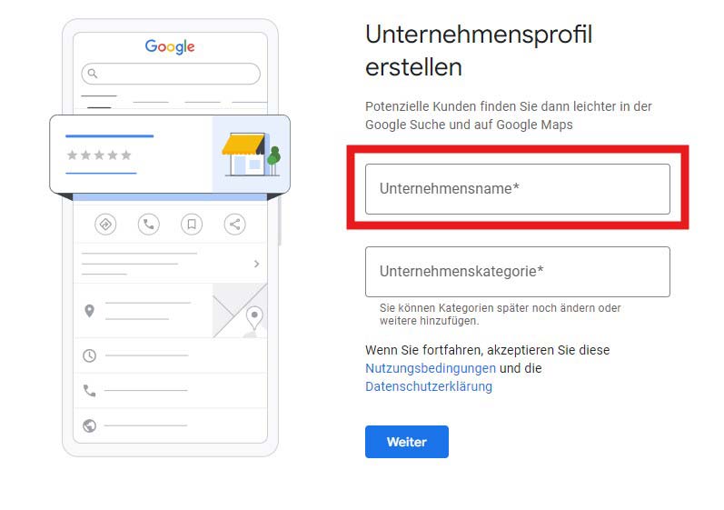 Unternehmensname eingeben - Unternehmensprofil erstellen